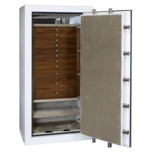 C60 Casoro Jewelry Safe in Textured White, Chrome, Walnut, 11 Jewelry Drawers