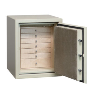 C21 Casoro Jewelry Safe in Textured Parchment, 7 Curly Maple Drawers